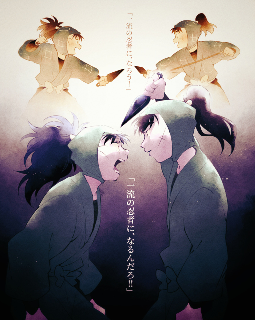 4boys, age_comparison, bangs, black_hair, bow, brown_hair, child, cowboy_shot
