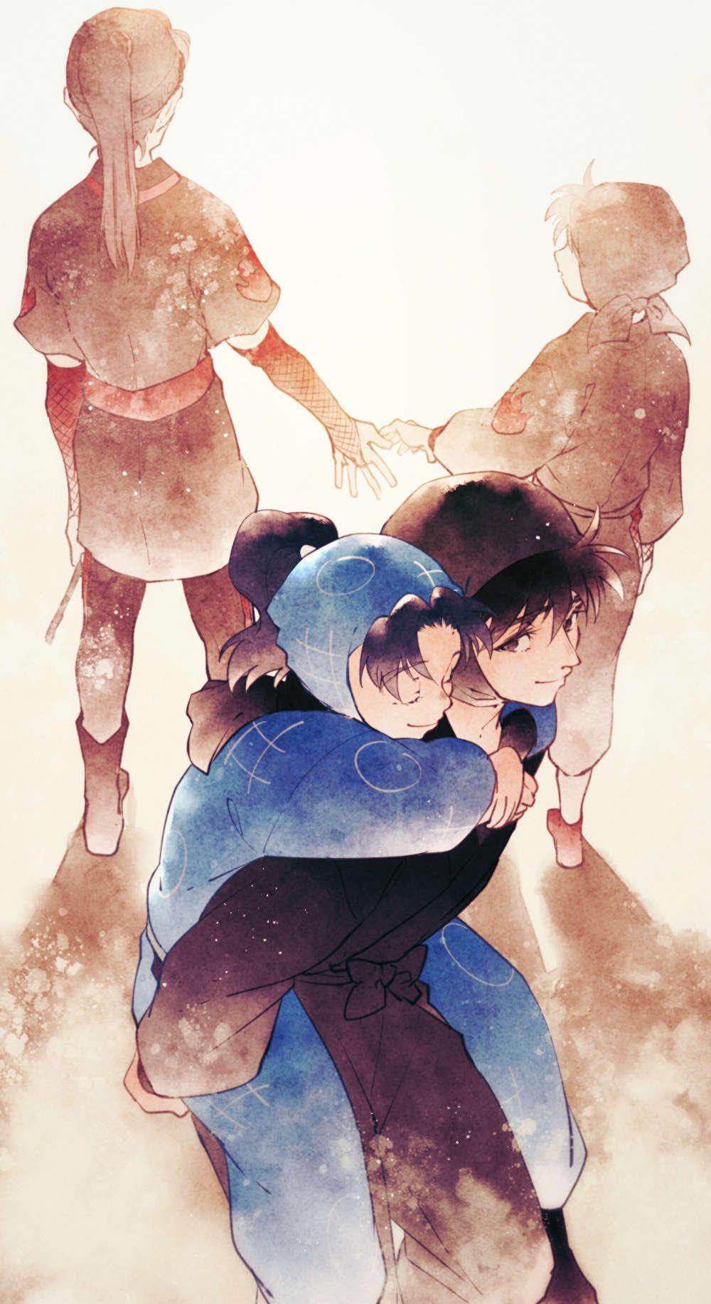 4boys, age_comparison, bangs, black_footwear, black_hair, black_pants, blue_headwear, blue_pants