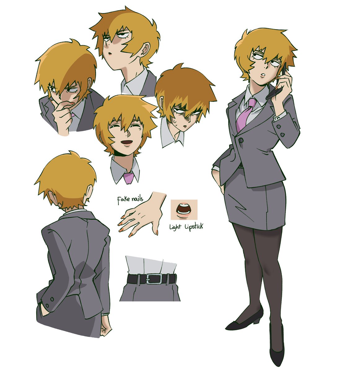 1girl, belt, ch0og0o, formal, genderswap, genderswap_(mtf), grey_jacket, grey_shirt