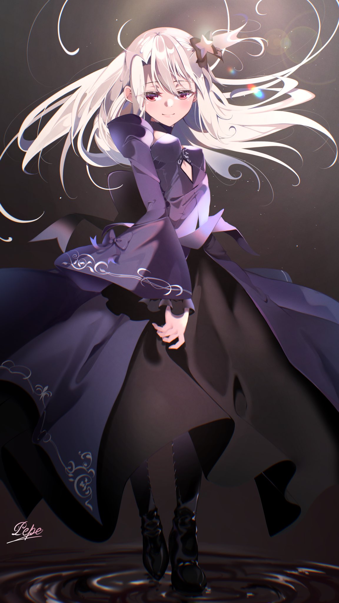 1girl, artoria_pendragon_(fate), blonde_hair, cosplay, dress, fate/grand_order, fate_(series), hair_ornament, highres, illyasviel_von_einzbern, long_hair, looking_at_viewer, pei_iriya, red_eyes, saber_alter, simple_background, skirt, smile, solo