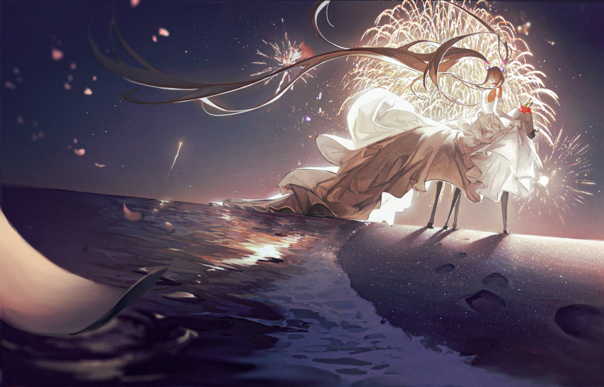 1girl, beach, blonde_hair, commentary_request, dress, fireworks, floating_clothes, from_behind