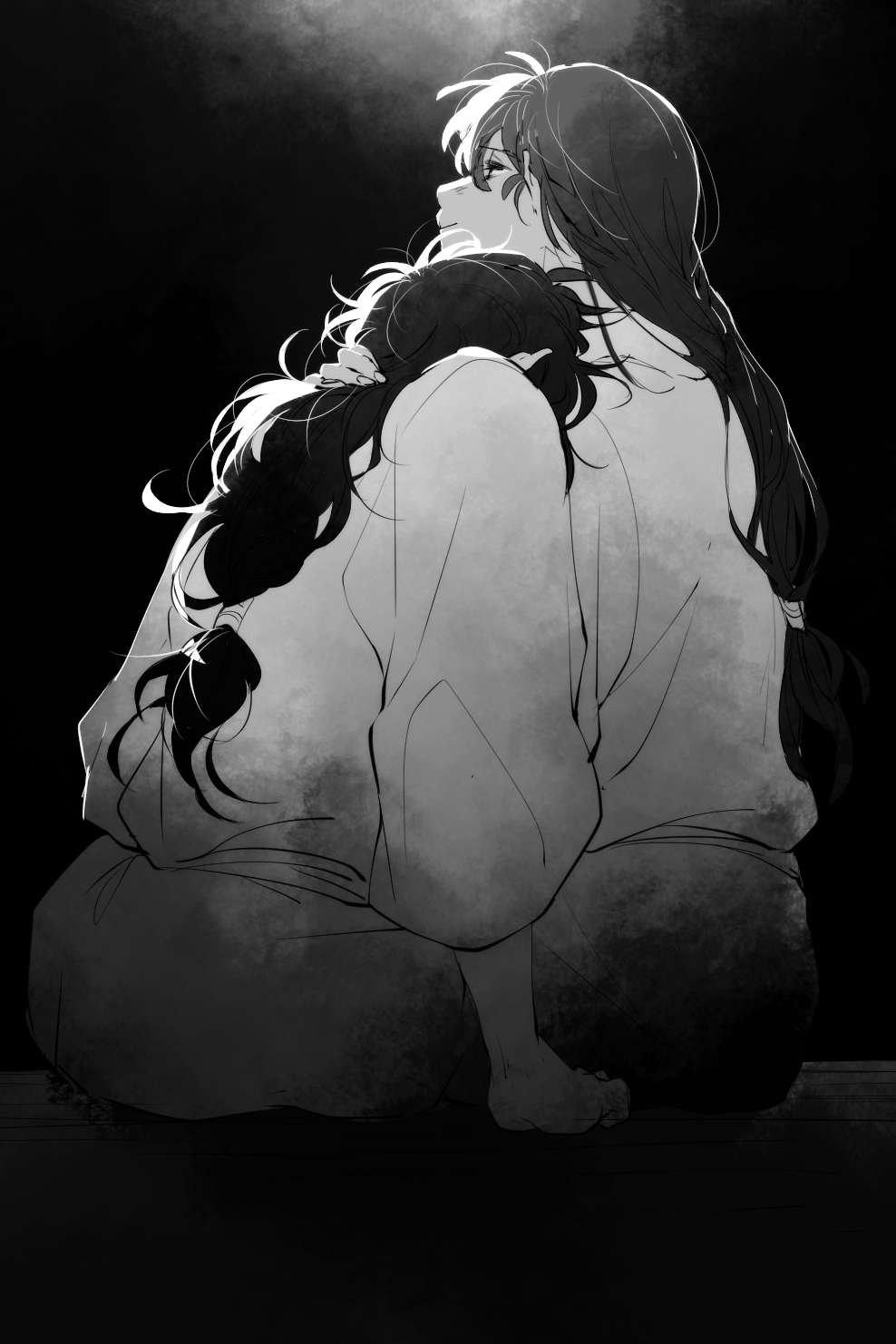 2boys, arm_support, bangs, breasts, comforting, dark, dossei, facing_down, from_behind, greyscale, hand_in_another's_hair, hand_on_another's_neck, head_on_another's_shoulder, highres, japanese_clothes, kimono, kukuchi_heisuke, light_smile, long_hair, long_sleeves, looking_away, looking_up, low-tied_long_hair, male_focus, medium_breasts, monochrome, multiple_boys, ohama_kan'emon, profile, rakudai_ninja_rantarou, sash, simple_background, sitting