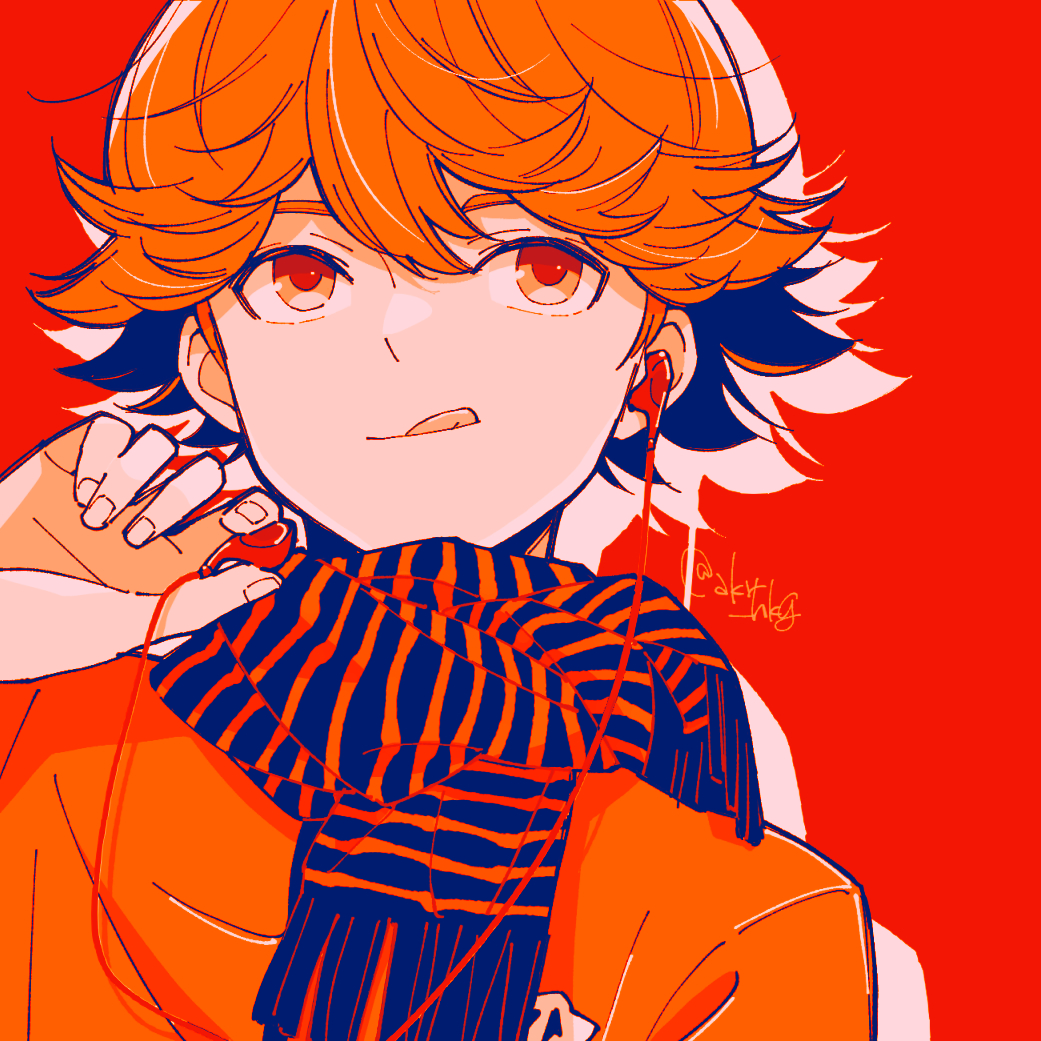1boy, :q, akari-mmnk, bangs, cable, drop_shadow, earphones, flipped_hair, hand_up, hikaru_no_go, limited_palette, looking_afar, male_focus, mitani_yuuki, orange_eyes, orange_hair, orange_shirt, portrait, red_background, red_eyes, scarf, shirt, short_hair, simple_background, solo, striped, striped_scarf, t-shirt, tongue, tongue_out, twitter_username
