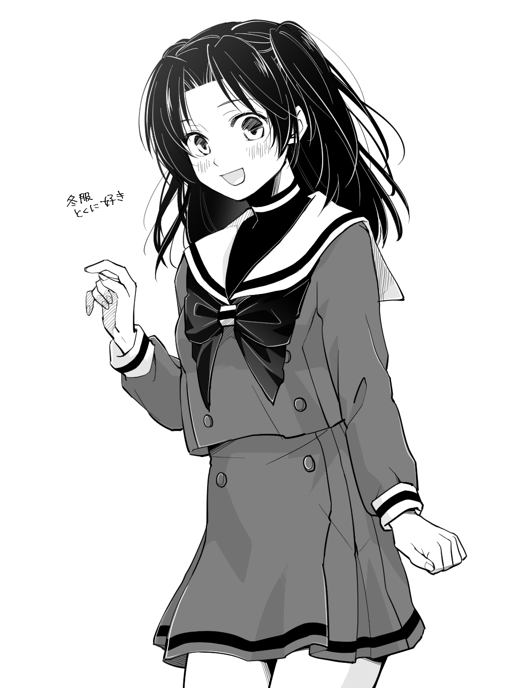 1girl, :d, akari-mmnk, bangs, blush, buttons, cowboy_shot, double-breasted, fujisaki_akari, greyscale, hand_up, haze_middle_school_uniform, highres, hikaru_no_go, long_hair, long_sleeves, miniskirt, monochrome, neckerchief, open_mouth, school_uniform, serafuku, simple_background, skirt, smile, solo, turtleneck, undershirt