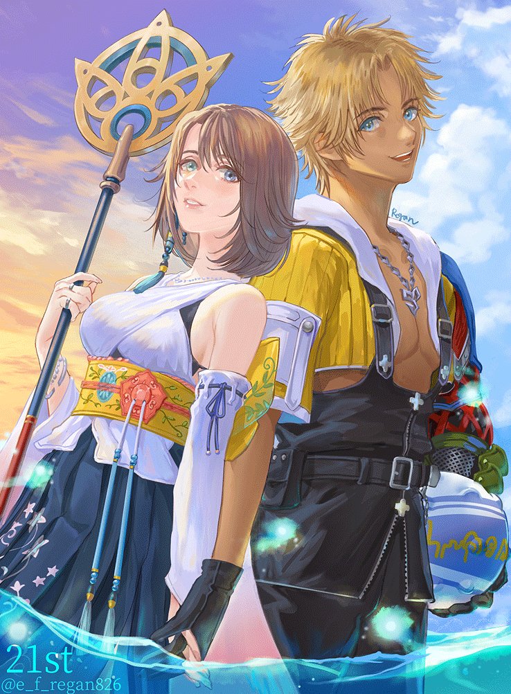 1boy, 1girl, ball, black_gloves, blitzball, blonde_hair, blue_eyes, blue_sky