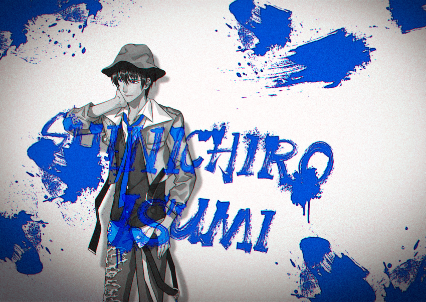1boy, bangs, blue_necktie, blue_theme, character_name, collared_shirt, cowboy_shot, cropped_jacket