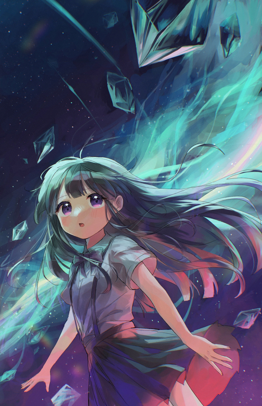 1girl, absurdres, bangs, black_skirt, blue_hair, collared_shirt, commentary_request, furude_rika