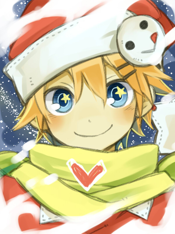 1boy, blonde_hair, blue_eyes, blush, green_scarf, hair_between_eyes, hair_ornament, hairclip