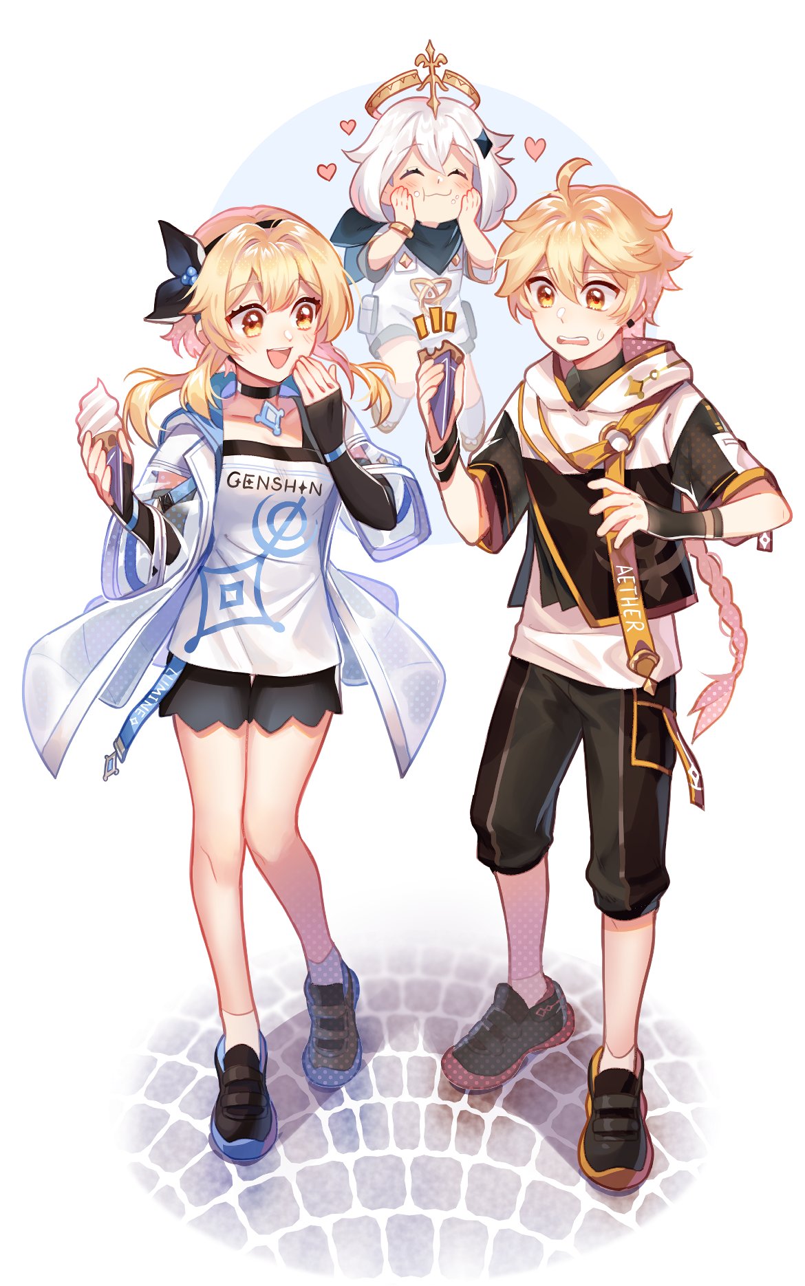 1boy, 2girls, aether_(genshin_impact), ahoge, black_footwear, blonde_hair, braid, food