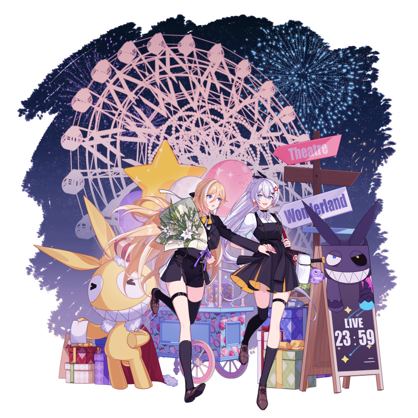2girls, absurdres, bianka_durandal_ataegina, blonde_hair, blue_eyes, breasts, dress, flower, hair_ornament, highres, holding, holding_flower, holding_hands, homu, honkai_(series), honkai_impact_3rd, kiana_kaslana, long_hair, multiple_girls, night, night_sky, open_mouth, sky, smile, thigh-highs, thigh_strap, toya_kaisei, white_hair