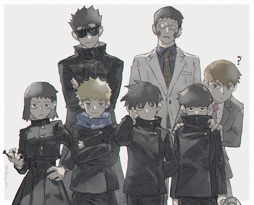 1girl, 6+boys, ?, arm_behind_back, bangs, black_jacket, black_pants, black_skirt, blonde_hair, blue_eyes, blue_shirt, blunt_bangs, blush_stickers, bob_cut, border, breasts, brothers, brown_hair, cosplay, covered_mouth, crossed_arms, ekubo_(mob_psycho_100), facial_mark, formal, frown, fushiguro_megumi, fushiguro_megumi_(cosplay), gojou_satoru, gojou_satoru_(cosplay), grey_background, grey_jacket, hanazawa_teruki, hand_on_hip, hand_up, hands_on_another's_shoulder, hiding, hiding_behind_another, high_collar, highres, holding, holding_nail, itadori_yuuji, itadori_yuuji_(cosplay), jacket, jitome, jujutsu_kaisen, kageyama_ritsu, kugisaki_nobara, kugisaki_nobara_(cosplay), kurata_tome, leaning_forward, leeis_cool, lineup, looking_at_viewer, mob_psycho_100, multiple_boys, nail, nanami_kento, nanami_kento_(cosplay), necktie, notched_ear, odd_one_out, pants, pink_necktie, pleated_skirt, reigen_arataka, school_uniform, shimazaki_ryo, shirt, siblings, simple_background, skirt, smile, suit, sunglasses, surprised, turtleneck, twitter_username, white_jacket, zipper_pull_tab