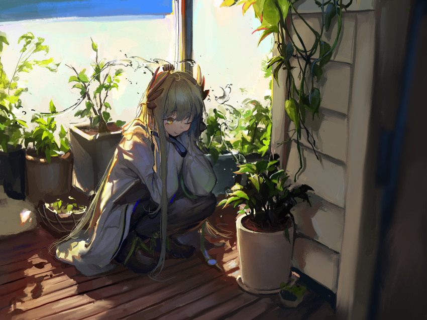 1girl, absurdres, arknights, beach, furioso, grey_hair, grey_pants, highres