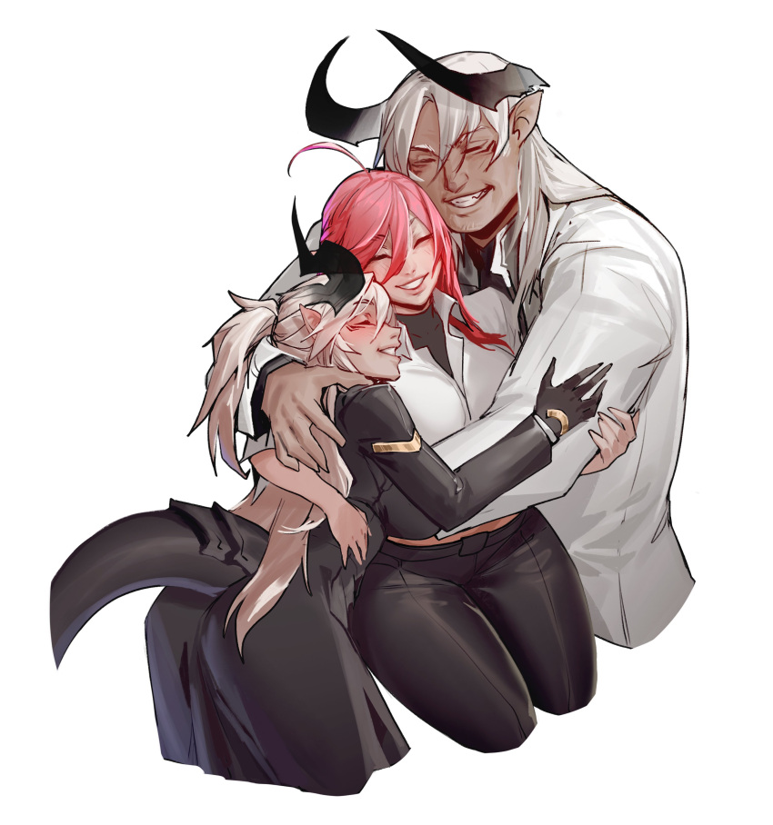 1boy, 2girls, absurdres, ahoge, aiko_(less), bangs, black_gloves, black_pants