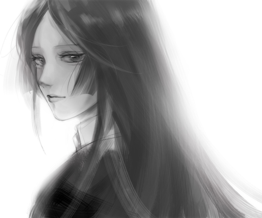 1girl, chikuwa_(dr0603), closed_mouth, eyelashes, from_behind, greyscale, hime_cut, light_smile