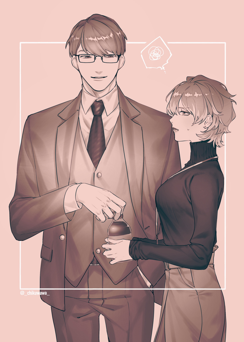 1boy, 1girl, a3!, absurdres, bangs, bottle, breasts, chigasaki_itaru
