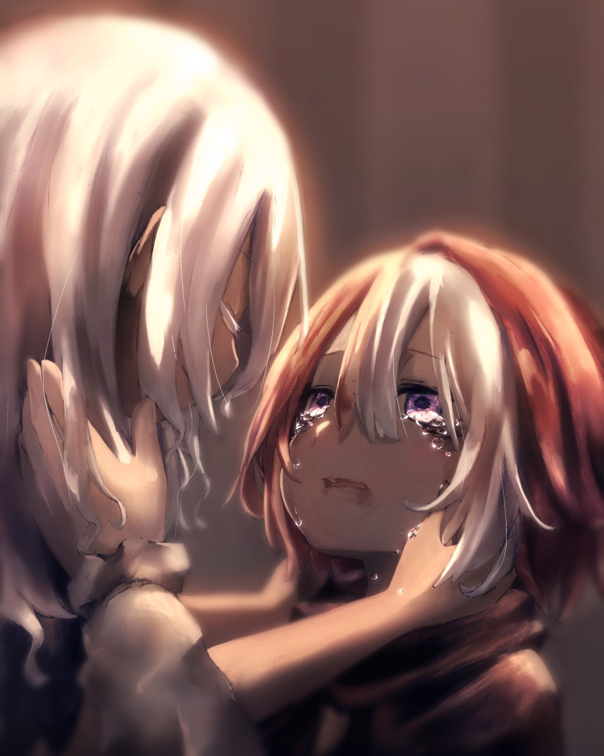 2girls, bangs, black_hair, blurry, brown_background, bruise, bruise_on_face, cloak
