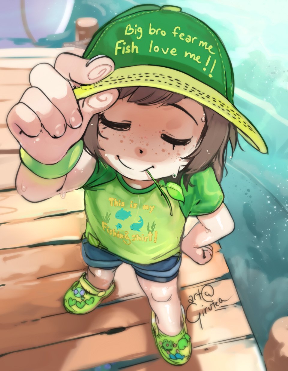 1girl, baseball_cap, brown_hair, child, closed_eyes, closed_mouth, foreshortening, freckles
