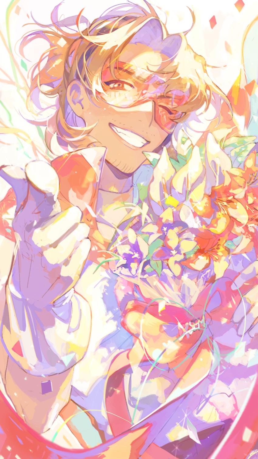 1boy, bio_l_oid, bouquet, brown_hair, colorful, confetti, facial_hair, glasses