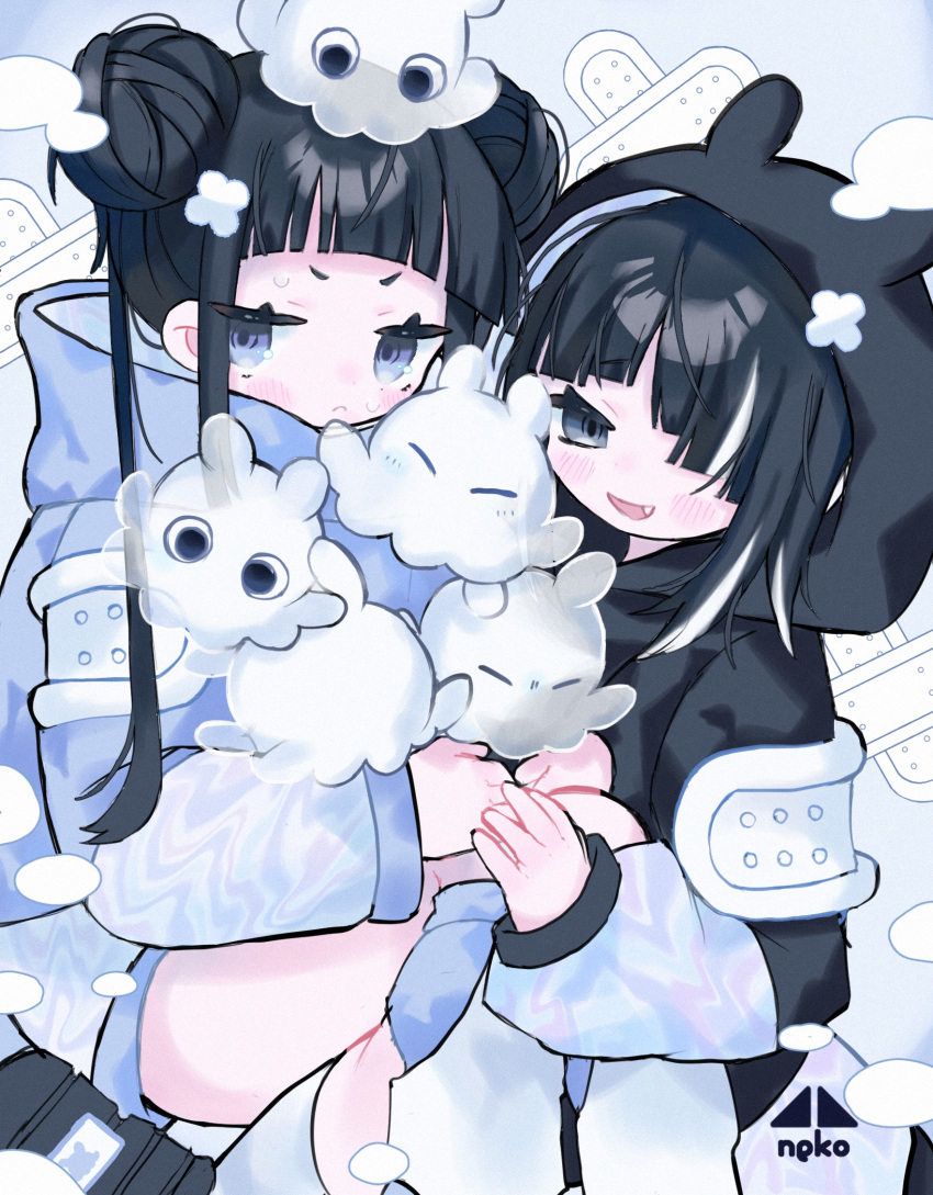 2girls, bandaid, bangs, black_hair, blue_background, blue_eyes, blush, cotono_(nazekun)