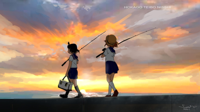 2girls, ahoge, black_hair, black_socks, blue_skirt, brown_hair, copyright_name, dated