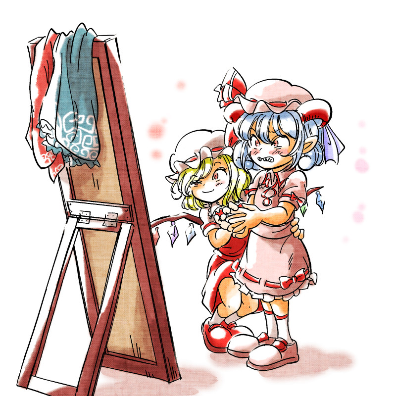 2girls, blonde_hair, blue_hair, blush, bow, clothes_removed, collared_shirt, commentary, cosplay, crystal, curly_hair, embarrassed, flandre_scarlet, frilled_skirt, frills, hat, horns, interlocked_fingers, looking_at_mirror, mary_janes, mirror, mob_cap, multiple_girls, pink_footwear, pink_headwear, pink_shirt, pink_skirt, pointy_ears, puffy_short_sleeves, puffy_sleeves, red_bow, red_eyes, red_footwear, red_horns, red_ribbon, red_skirt, red_vest, remilia_scarlet, remilia_scarlet_(cosplay), ribbon, rochika_gekijou, sharp_teeth, sheep_horns, shirt, shoes, short_hair, short_sleeves, skirt, skirt_set, smile, squinting, teeth, touhou, toutetsu_yuuma, vest, white_background, white_shirt, wings