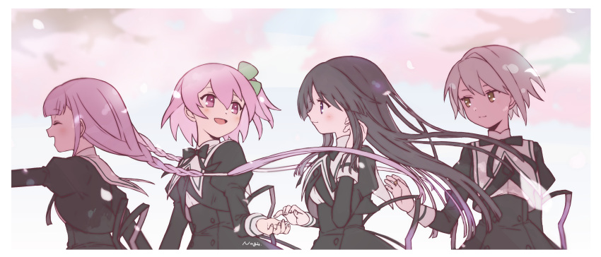 4girls, :d, absurdres, arm_at_side, artist_name, assault_lily, bangs, black_hair