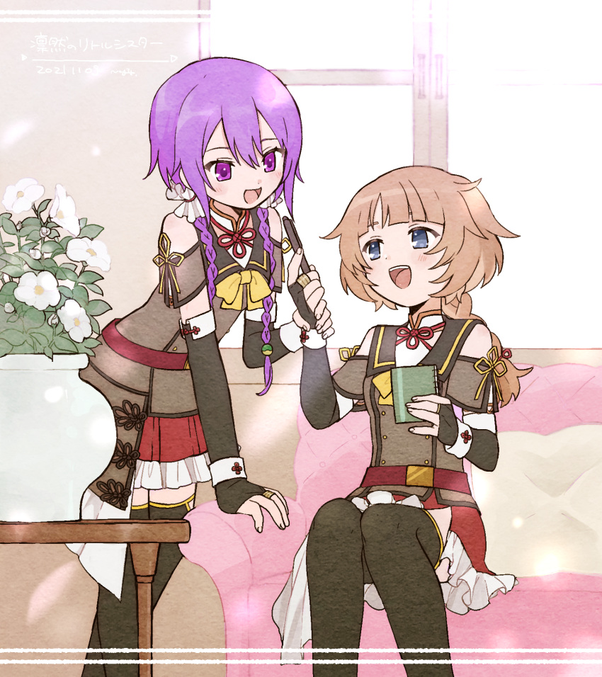 2girls, :d, arm_support, artist_name, assault_lily, asymmetrical_clothes, bangs, belt