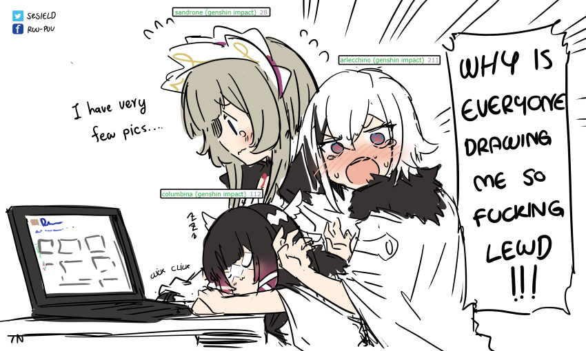 !, !!, 3girls, absurdres, angry, arlecchino_(genshin_impact), artist_name, bangs