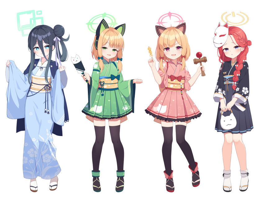 4girls, :d, :o, animal_bag, arisu_(blue_archive), bag, banned_artist, black_footwear, black_hair, black_kimono, black_skirt, blonde_hair, blue_archive, blue_eyes, blue_kimono, blush, braid, brown_footwear, closed_mouth, commentary_request, cp00, food, fox_mask, frilled_skirt, frills, green_eyes, green_footwear, green_kimono, green_skirt, hair_bun, hair_over_shoulder, hair_rings, halo, highres, holding, holding_bag, holding_food, japanese_clothes, kendama, kimono, long_hair, long_sleeves, looking_at_viewer, mask, mask_on_head, midori_(blue_archive), momoi_(blue_archive), multiple_girls, obi, parted_lips, pinching_sleeves, pink_kimono, pink_skirt, pleated_skirt, red_eyes, red_footwear, redhead, sash, siblings, sidelocks, simple_background, single_braid, single_side_bun, sisters, skirt, sleeves_past_wrists, smile, socks, standing, tabi, tasuki, thigh-highs, twins, v-shaped_eyebrows, very_long_hair, violet_eyes, white_background, wide_sleeves, yuzu_(blue_archive), zouri