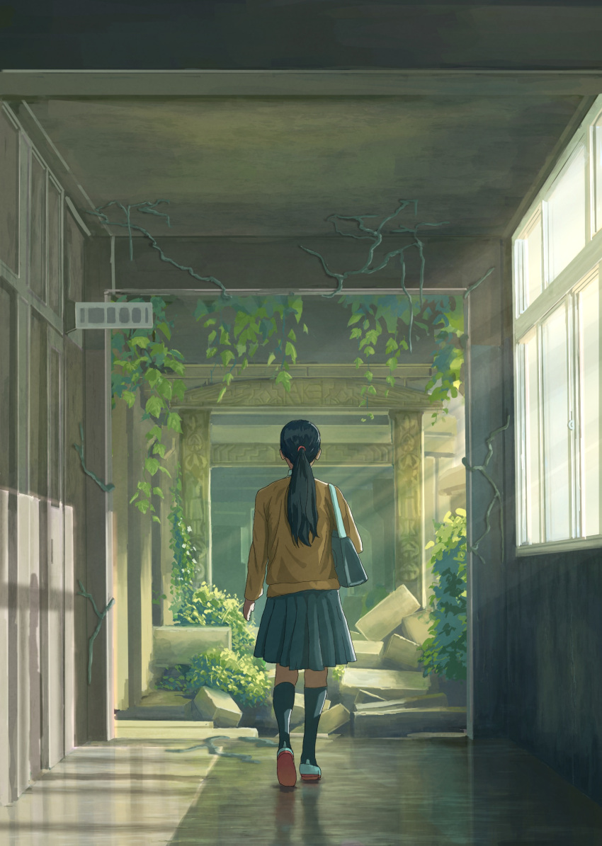 1girl, absurdres, bag, black_hair, facing_away, from_behind, grey_skirt, highres