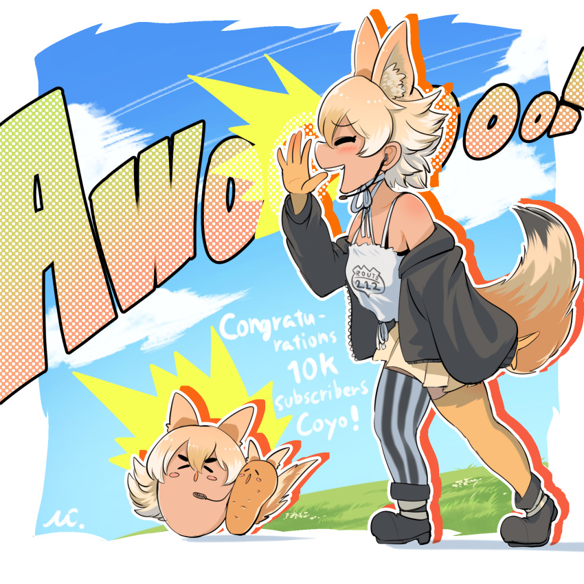 1girl, asymmetrical_legwear, bare_shoulders, black_jacket, blonde_hair, commentary_request, coyopotato, coyote_(kemono_friends)