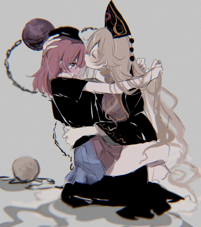 2girls, ayahi_4, black_dress, black_shirt, blonde_hair, blush, chain, chinese_clothes