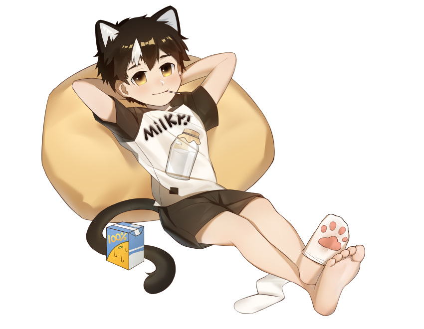 1boy, absurdres, animal_ears, arms_behind_back, bangs, barefoot, black_hair, cat_boy, cat_ears, cat_tail, child, commentary, futon, highres, kemonomimi_mode, lying, male_child, on_back, orange_juice, original, rock_sugar, shorts, sock_pull, tail