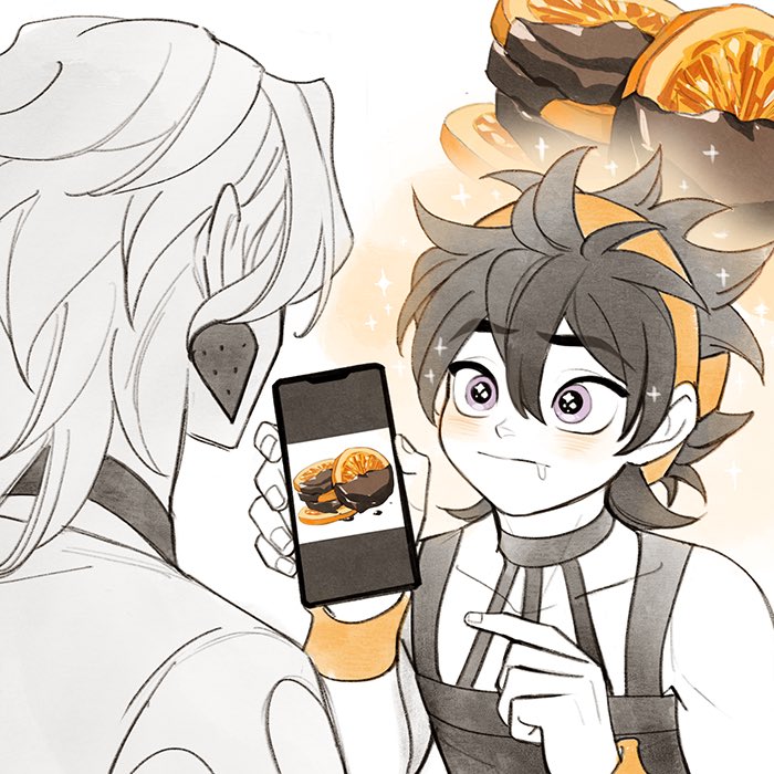 2boys, bangs, black_hair, blush, chocolate, choker, clothing_cutout, drooling, earrings, food, food-themed_earrings, fruit, ginmu, headband, holding, holding_phone, hungry, jewelry, jojo_no_kimyou_na_bouken, long_hair, male_focus, multiple_boys, narancia_ghirga, orange_(fruit), orange_slice, orangette, pannacotta_fugo, phone, phone_screen, pointing, saliva, sparkle, strawberry_earrings, sweatband, tank_top, vento_aureo, violet_eyes, wristband
