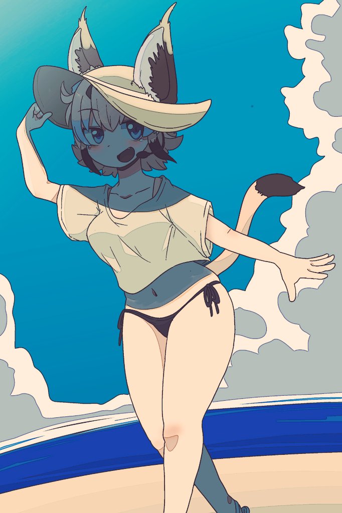 1girl, animal_costume, animal_ear_fluff, animal_ears, beach, bikini, blue_eyes, blush, caracal_(kemono_friends), caracal_ears, hat, kemono_friends, kemono_friends_v_project, looking_at_viewer, microphone, navel, onaji_(sokudo_seigen), open_mouth, orange_hair, shirt, short_hair, smile, solo, summer, swimsuit, tail, virtual_youtuber