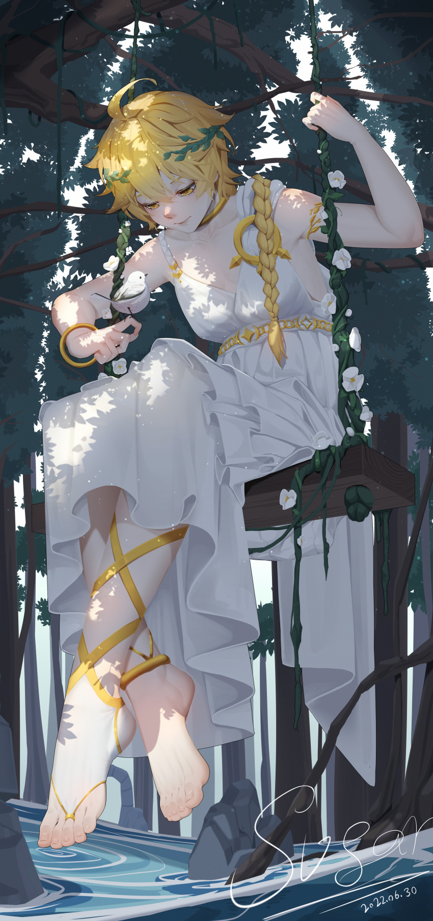 1girl, absurdres, bare_shoulders, barefoot, bird, blonde_hair, bracelet, braid