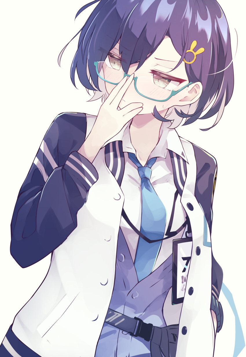 1girl, absurdres, adjusting_eyewear, bangs, blue-framed_eyewear, blue_archive, blue_jacket, blue_necktie