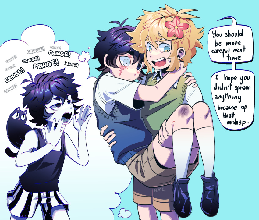 3boys, absurdres, basil_(omori), black_eyes, black_hair, blue_eyes, blush, bruise