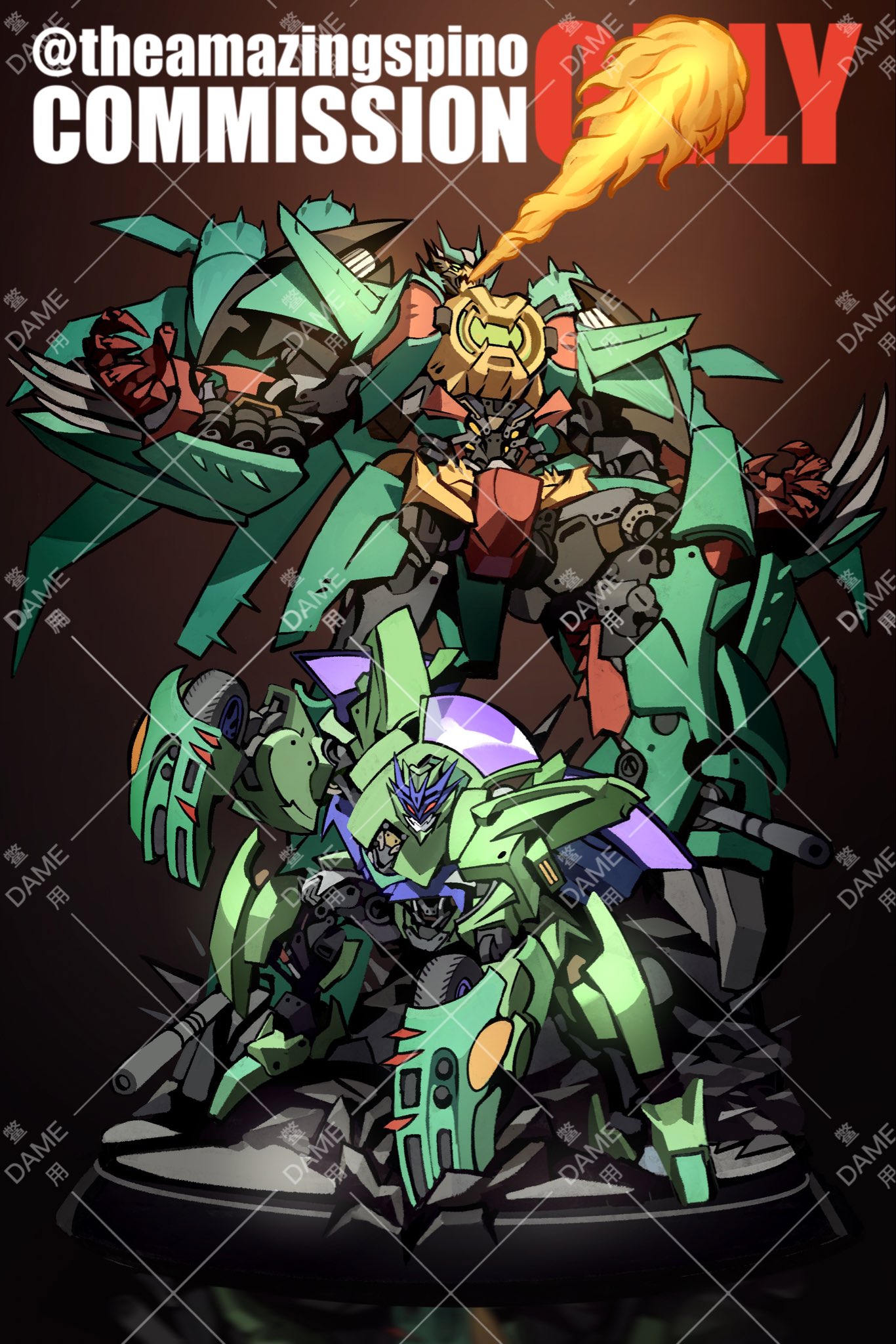 beast_wars, breathing_fire, claws, commission, decepticon, fire, highres, looking_at_viewer