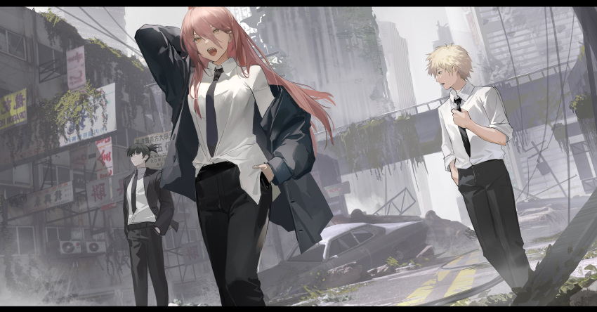 +_+, 1girl, 2boys, absurdres, adjusting_clothes, adjusting_necktie, air_conditioner, arm_behind_head