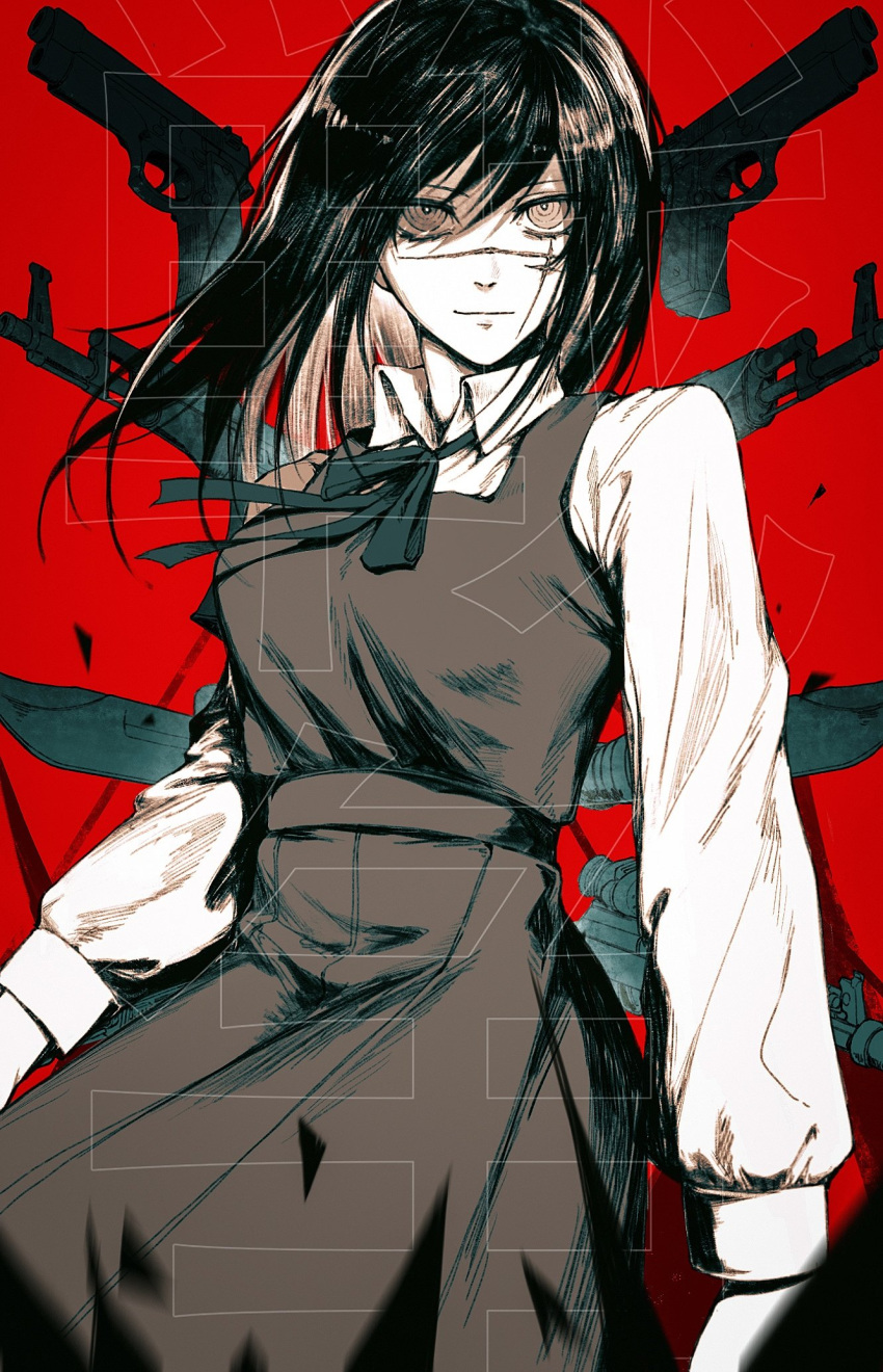 1girl, arms_at_sides, bangs, black_hair, brown_eyes, chainsaw_man, collared_shirt, cowboy_shot, dress, grey_dress, gun, hair_between_eyes, hatching_(texture), highres, kou_jia, limited_palette, long_sleeves, looking_at_viewer, medium_hair, mitaka_asa, neck_ribbon, pinafore_dress, red_background, ribbon, rifle, ringed_eyes, scar, scar_on_cheek, scar_on_face, shirt, simple_background, sleeveless, sleeveless_dress, smile, solo, standing, war_devil_(chainsaw_man), weapon, white_shirt