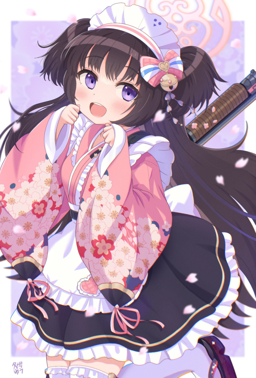 1girl, :d, apron, bangs, bell, black_hair, blue_archive, bow