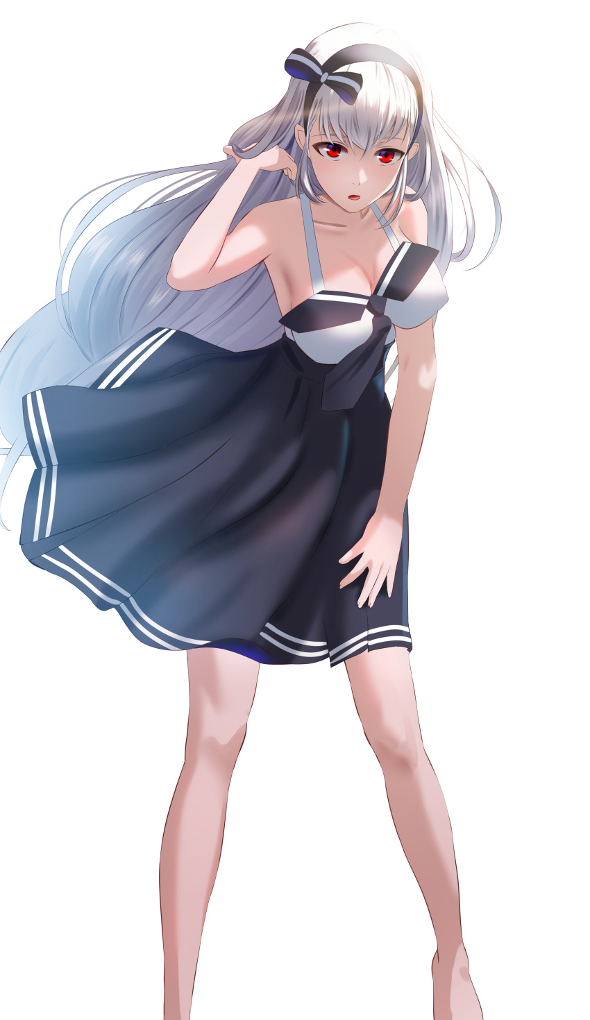 1girl, absurdres, adjusting_hair, albelda, alternate_costume, bangs, black_dress, black_hairband