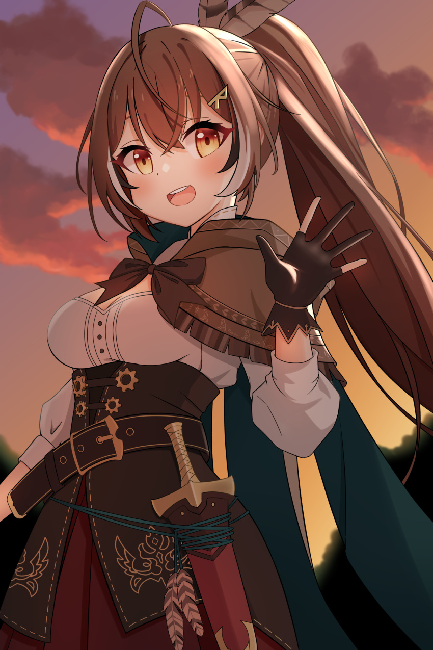 1girl, :d, absurdres, ahoge, bakedmonogamy, bangs, belt, brown_capelet