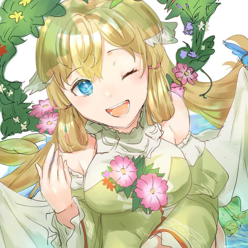 1girl, bangs, bare_shoulders, blonde_hair, blue_eyes, breasts, dress, fire_emblem, fire_emblem_heroes, flower, green_dress, highres, large_breasts, long_hair, looking_at_viewer, sanoyo_fe, solo, turtleneck, upper_body, wreath, ymir_(fire_emblem_heroes)