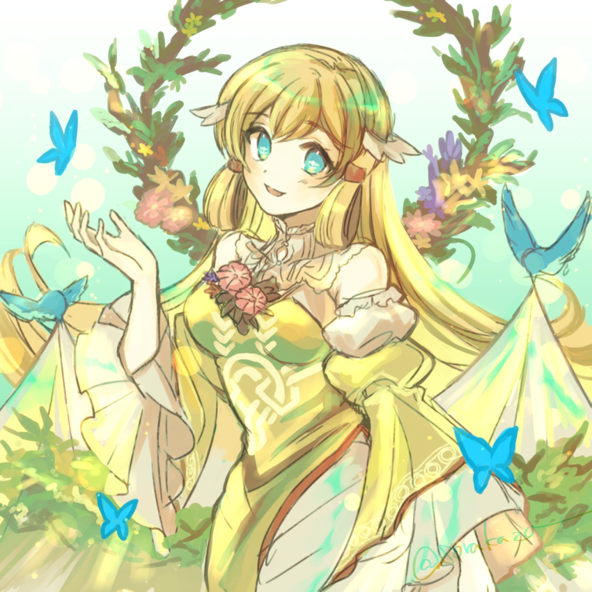 1girl, bangs, bare_shoulders, bird, blonde_hair, breasts, bug, butterfly, commission, dress, fire_emblem, fire_emblem_heroes, flower, green_dress, highres, large_breasts, long_hair, looking_at_viewer, open_mouth, sorakaza, wreath, ymir_(fire_emblem_heroes)