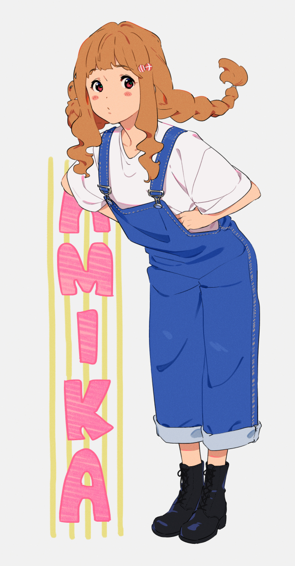 1girl, bangs, black_footwear, blue_overalls, blush, boots, braid, character_name