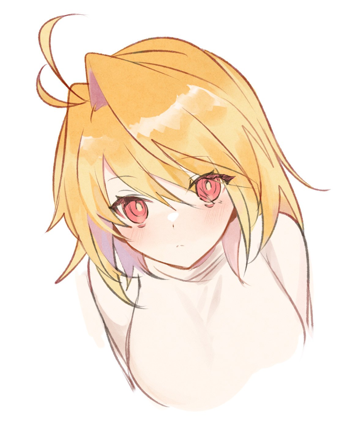 1girl, antenna_hair, arcueid_brunestud, bangs, blonde_hair, breasts, closed_mouth, commentary, cropped_torso, hair_intakes, highres, kuromonoka, large_breasts, looking_at_viewer, red_eyes, short_hair, simple_background, solo, symbol-only_commentary, tsukihime, white_background