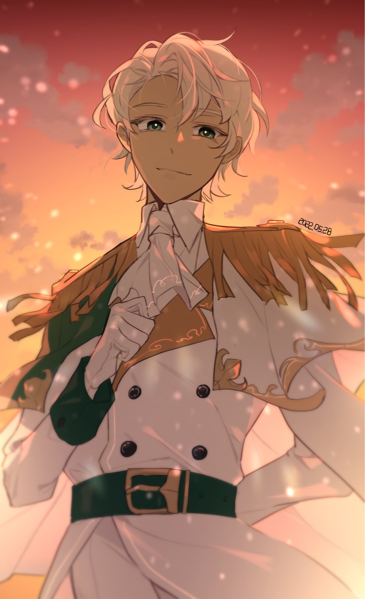 1boy, arm_behind_back, ascot, backlighting, blonde_hair, buttons, clenched_hand, cloak