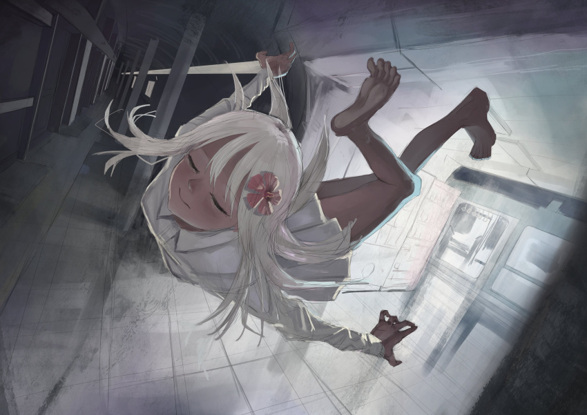 1girl, absurdres, alternate_costume, barefoot, blonde_hair, closed_eyes, floating, flower